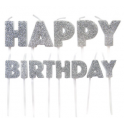 Kerzen "Happy Birthday" Glitter silber, 13 Stück
